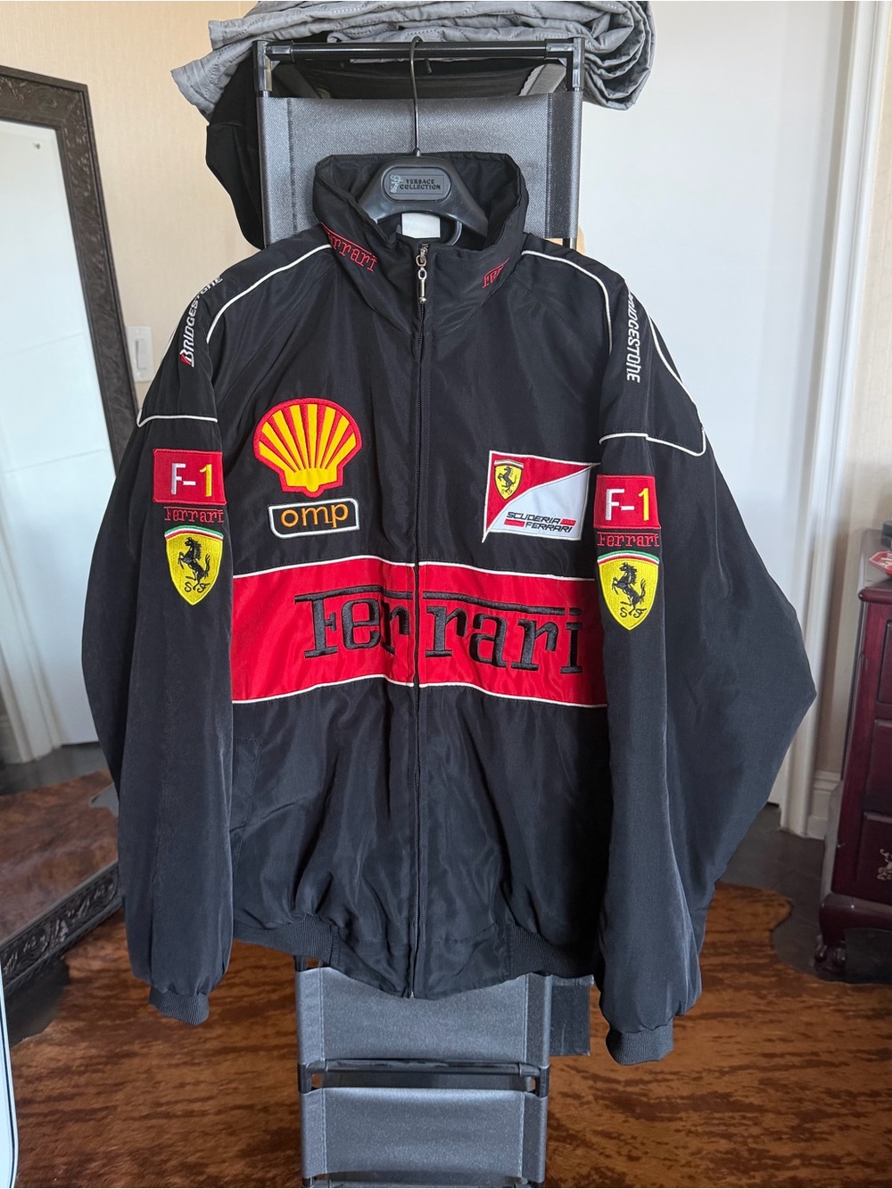 Ferrari Black and Red Motorsport Bomber Jacket with Patches